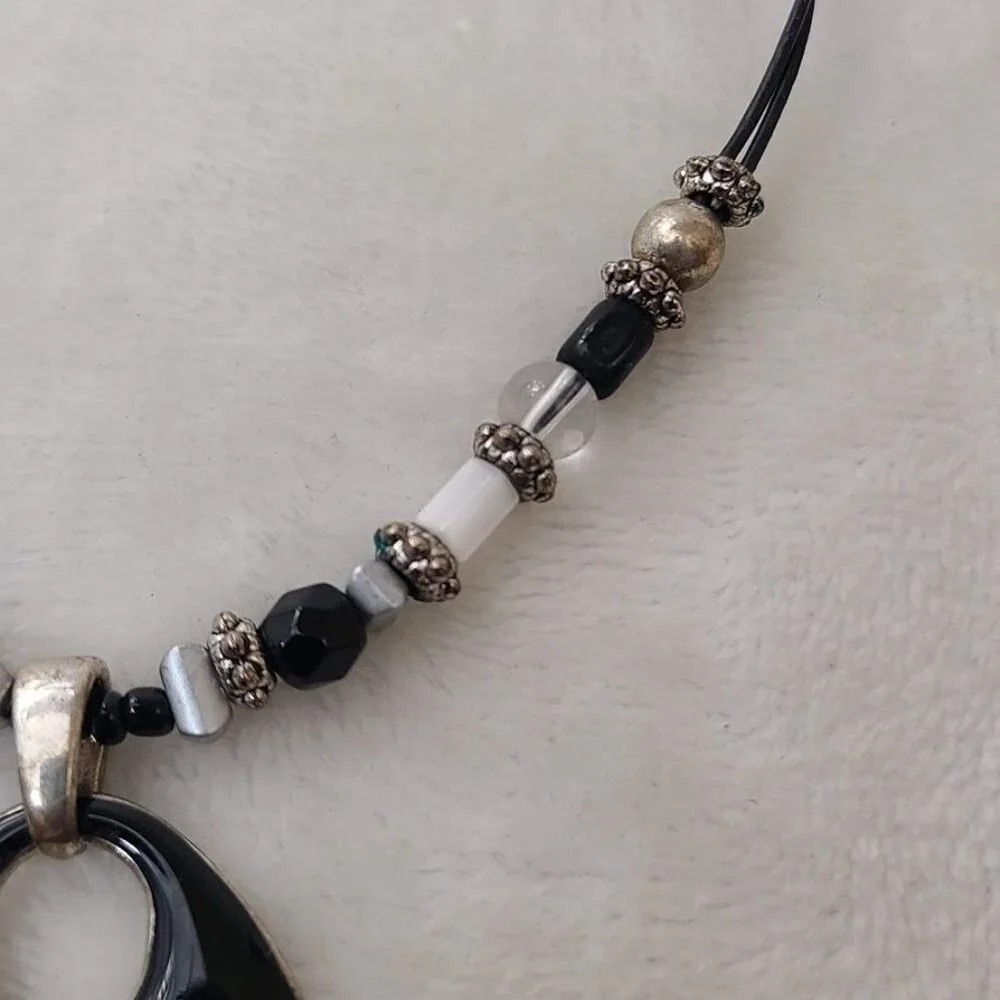 Beaded Black Pendant Statement Necklace  Adjustable Chain Silver-Tone Accents - Picture 8 of 11